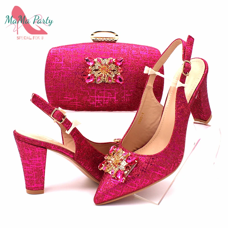 Fashionable African Shoes and Bag Set Italian Women  Fuchsia Color Nigerian Shoes with Matching Bags for Royal Wedding Party