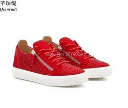 Qianruiti 2020 Fashion Men Crystal Suede Sneakers Low Top Casual Shoes Zipper Thick Flats Lace Up Casual Sneakers