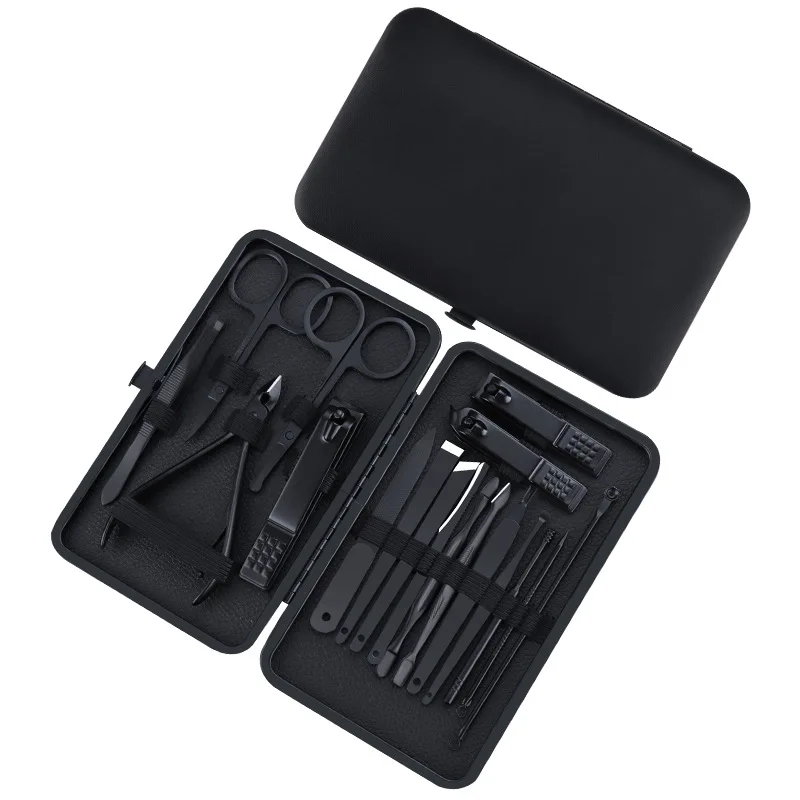 Classic Black 18/16/12/10/7Pcs Nail Clipper Set Stainless Steel Manicure Cutters Ear Spoon Nail Scissors Tool Pedicure Household