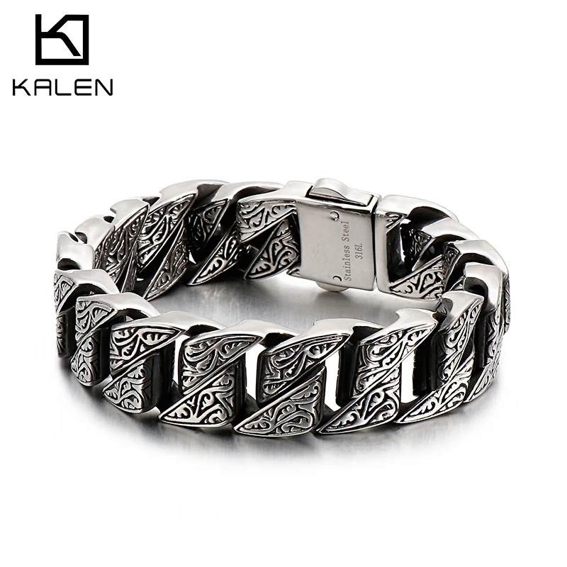 

KALEN Punk 20mm Chunky Link Chain Bracelet Men Stainless Steel Myterious Symbol Charm Bike Chain Biker Armband Male Jewelry