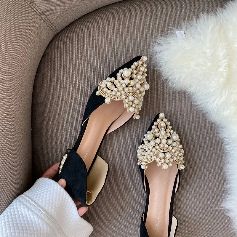 

New Crown Pearl Flats Women Wedding Shoes Pointed Toe Female Dress Moccasins Low Pearl Heel Ladies Fashion Luxury Style 43