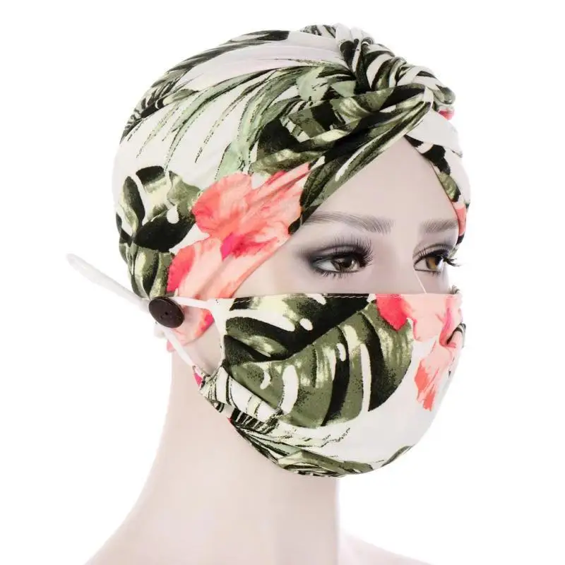 2Pcs/set Print Color Turban Head Wrap Band Knotted Scarf Bandana Cap Button Chemo Hat Bandana Hair Cap Nurse Mask Turban