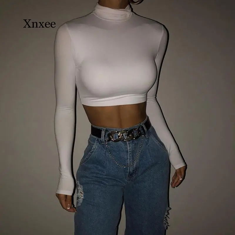 Fashion Tight Turtleneck Long Sleeve Women's Crop Top High Waist Solid Basic T-Shirts Sexy Chic Slim Streetwear Female Clothes