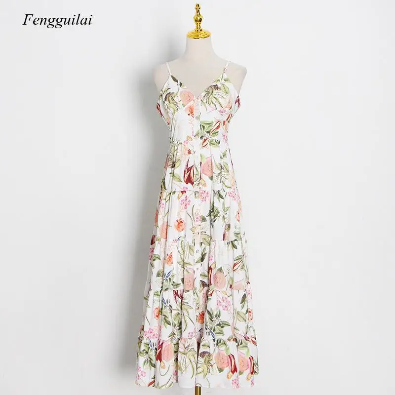 Court Retro Style Spring and Summer 2021 New Suspender Floral Print High Waist Beach Resort Chiffon Long Dress