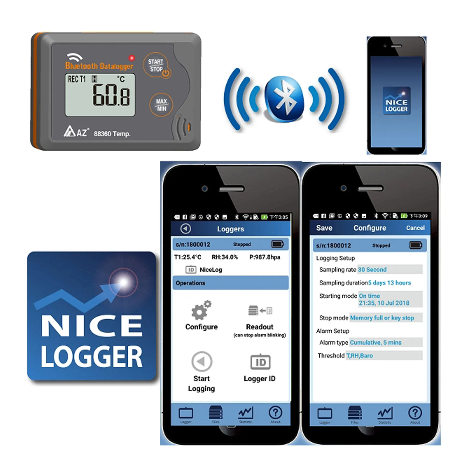 AZ88360 large LCD Bluetooth 4.0 wireless temperature monitoring data logger digital temperature wireless recorder