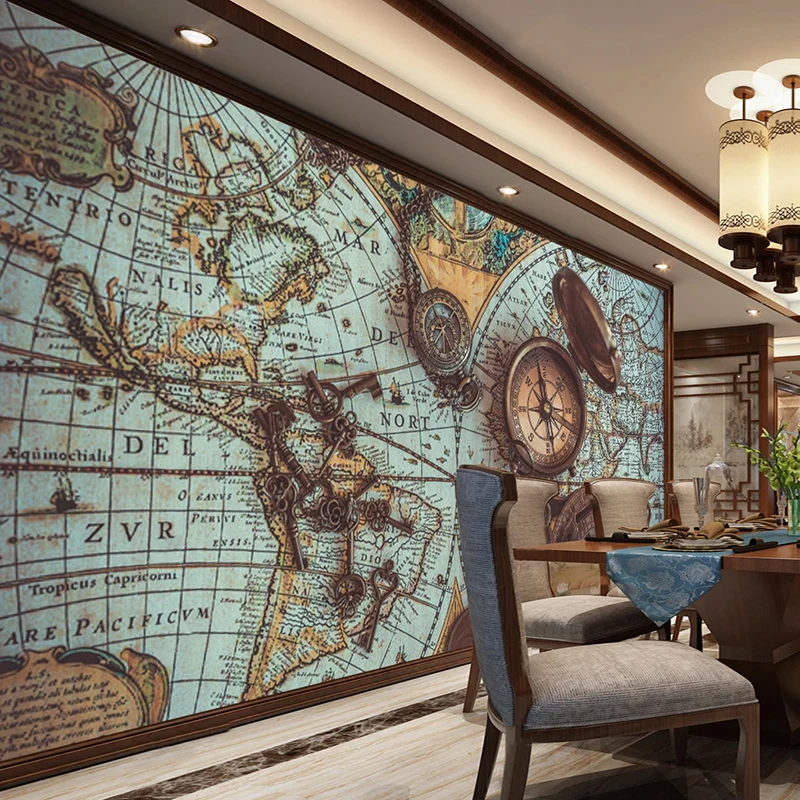 

Custom 3D Wall Mural Retro Nostalgic World Map Pocket Watch Photo Wallpaper Cafe Bedroom Study Room Wall Art Home Decor Painting