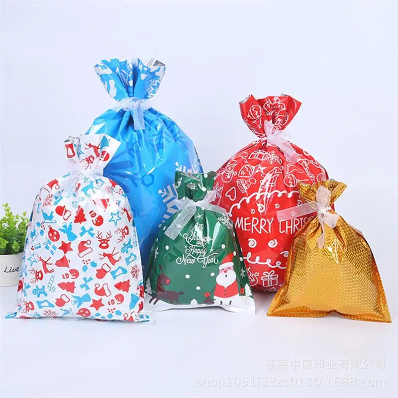 Christmas Gift Wrapping Bag Ribbon Tie Santa Candy Bag Drawstring Treat Bag Plastic Packaging Bags Party Wedding Candy Bag