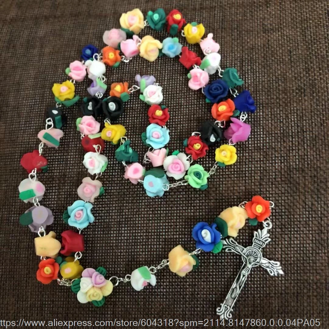 mixed colorSoft Ceramic Rosary rose flower beads Jesus Cross Necklace Virgin Guadalupe rosary center