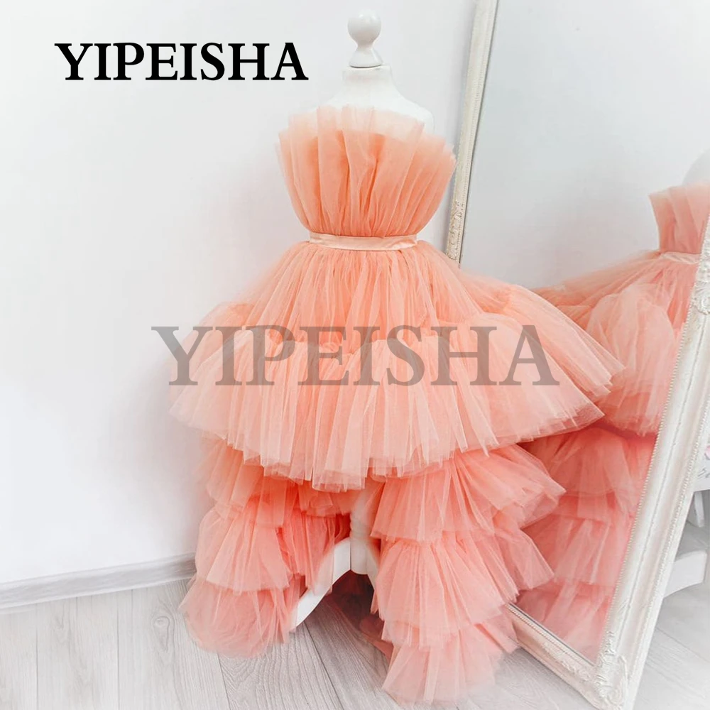 현대 단순한 a 라인 티어드 Tulle Flower Girl Dresses 스윕 트레인 백리스 민소매 볼 가운