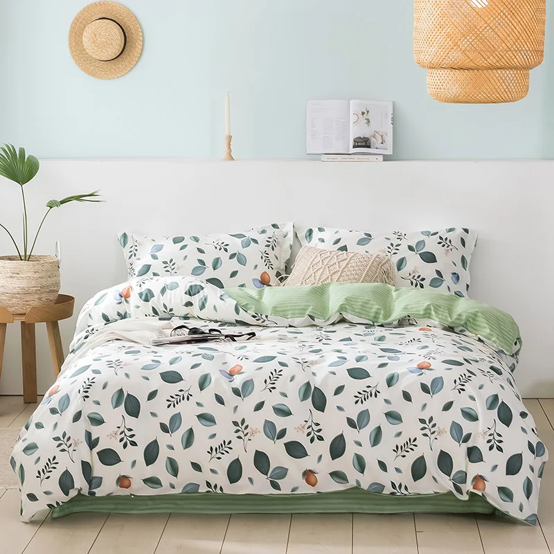 

2021 Four-piece bedding simple cotton double household bed sheet quilt cover thickening sanding dormitory bed sheetp white green