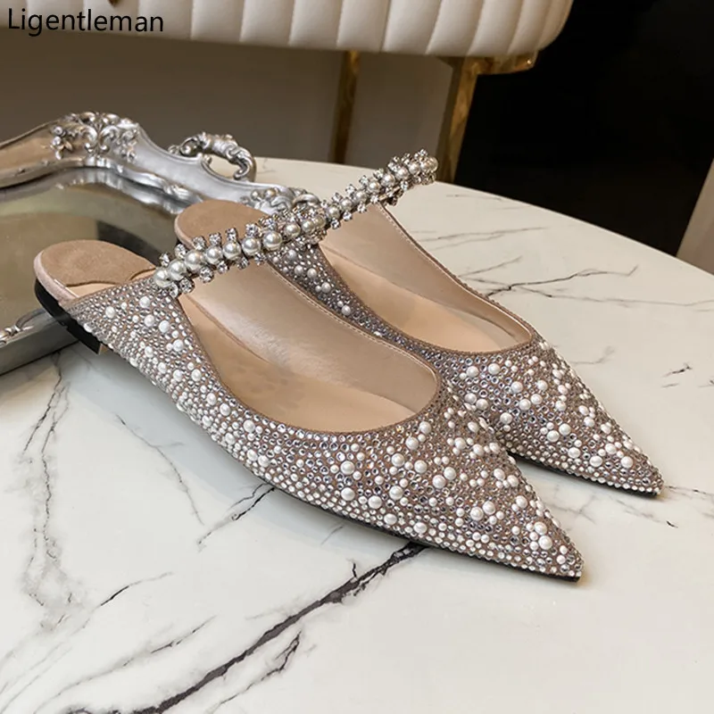 Scarpe perle strass appartamenti sandali pantofole scarpe per le donne 2024 Trend Pearl sandali piatti pantofole da sposa scarpe da donna