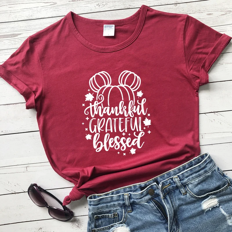 Cute Thanksgiving Holiday Gift Tops Tees Autumn Thankful Grateful Blessed T-shirt Funny Women Short Sleeve Graphic Fall Tshirt