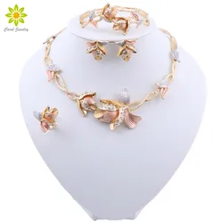 Dubai Fashion Women Flower Shape Necklace Wedding Party Jewelry Set Creative Bracelet Earrings Romantic Wedding Ring Jewelry