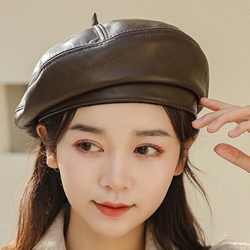 ZDFURS*Women's hat leather wool sheepskin autumn and winter new beret women's versatile fashion art dome Leather Hat