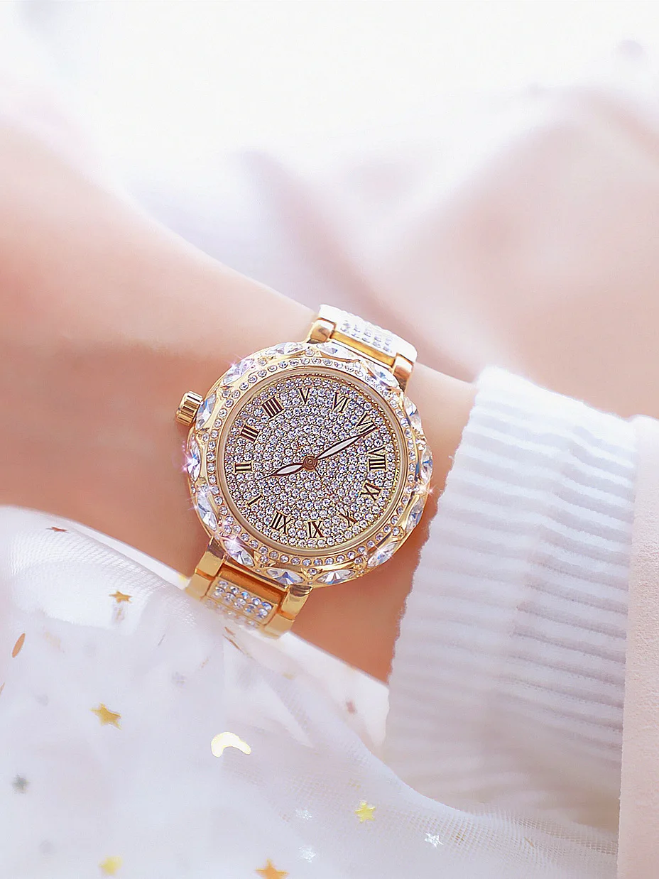 Women Watches Gold Luxury Brand Diamond Quartz Big dial Ladies Wrist Watches Stainless steel Clock Female Watch relogio feminino