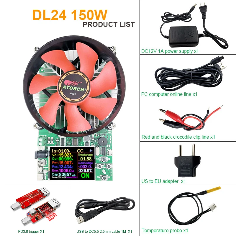 150W DC5.5 Tester APP Electronic Load Lithium Battery Capacity Monitor Discharge Charge Power Meter Supply Checker + PD Trigger