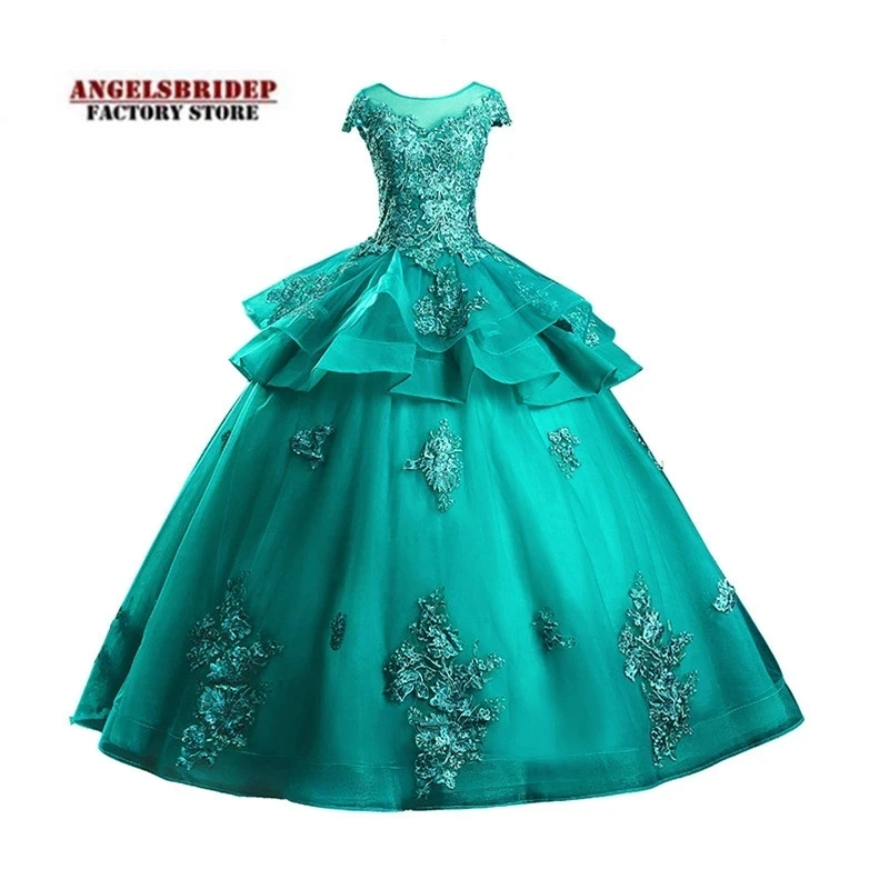 

ANGELSBRIDEP Sheer Neck Quinceanera Dresses Tiered Vestidos De 15 Anos Appliques Tulle Cinderella Birthday Party Gowns Plus Size