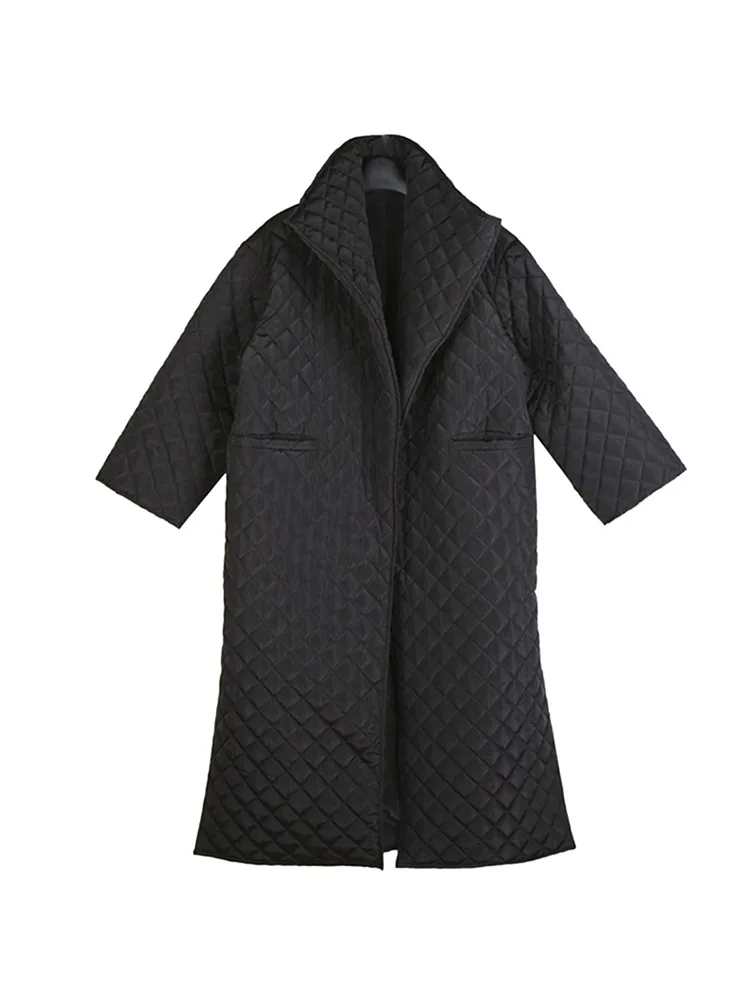 Women Long Black Lapel Coat Warm Winter Quilted Coat Outwear Jackets with Pockets Fashion Overcoat