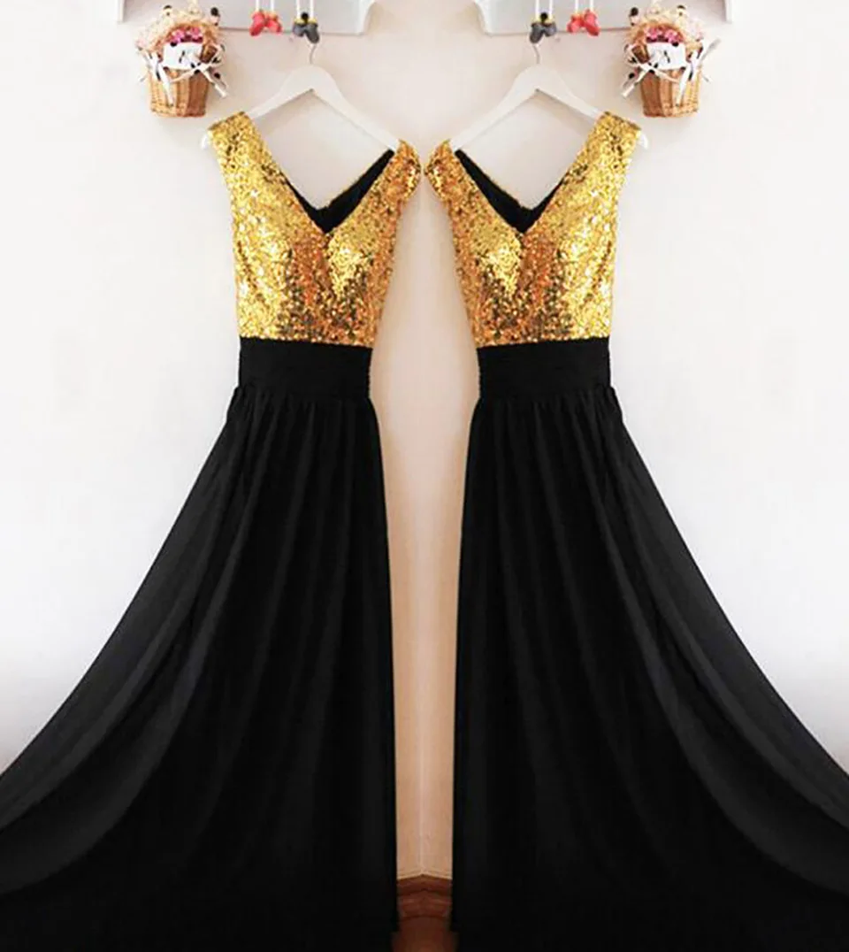 

Black A Line Gown Bridesmaid Dresses Sleeveless Formal Dresses V-Neck Sequined Chiffon Prom Party Gown