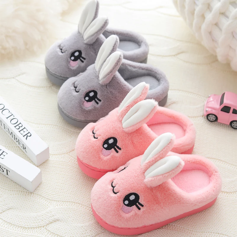 Baby Girls Cotton Slippers 2024 New Winter Children\'s Cute Rabbit Plush Slippers Boys Home Indoor Shoes Furry Kids Slippers