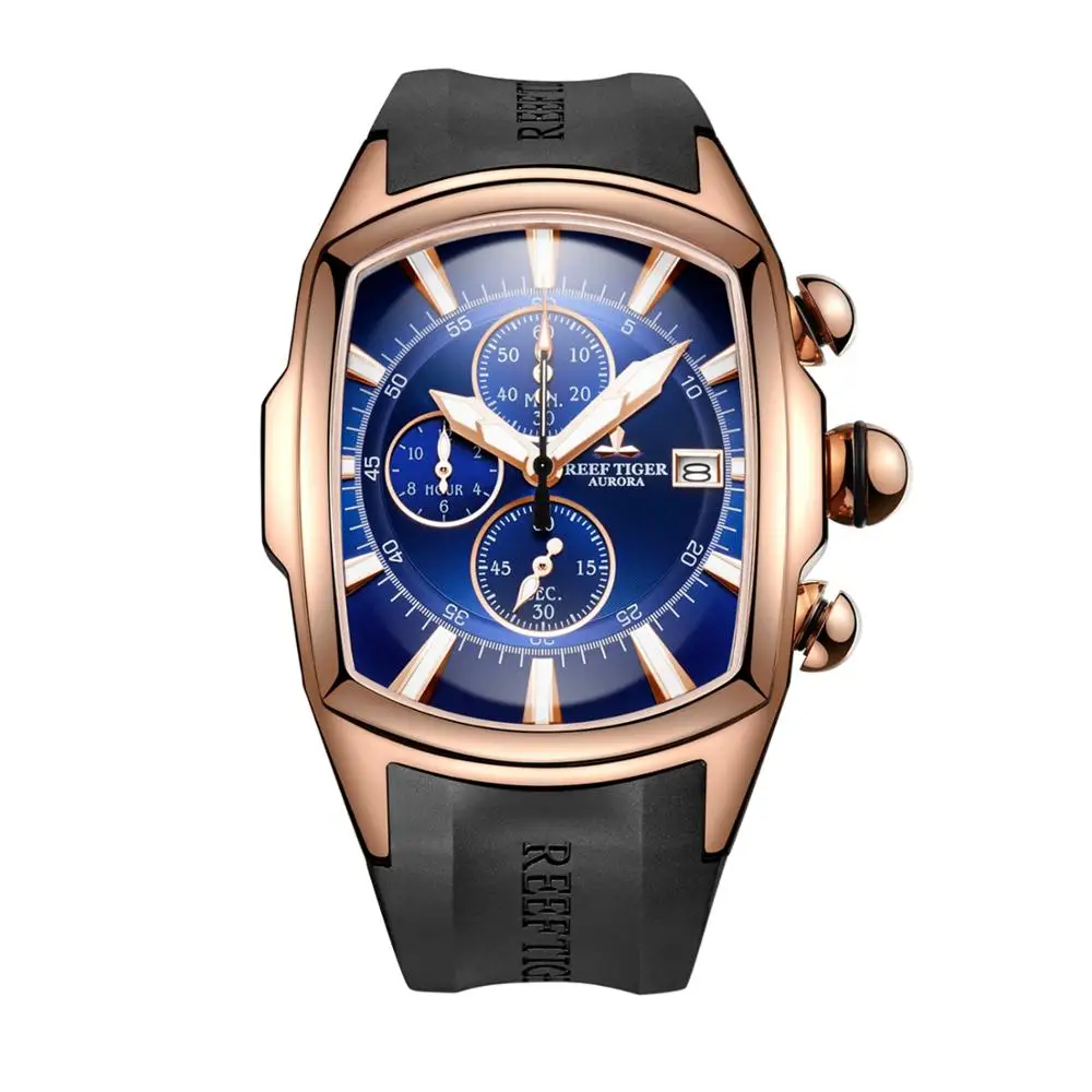 Reef Tiger Men Chronograph Watch 45MM Tonneau Quartz Wristwatch Waterproof Luminous Relogio
