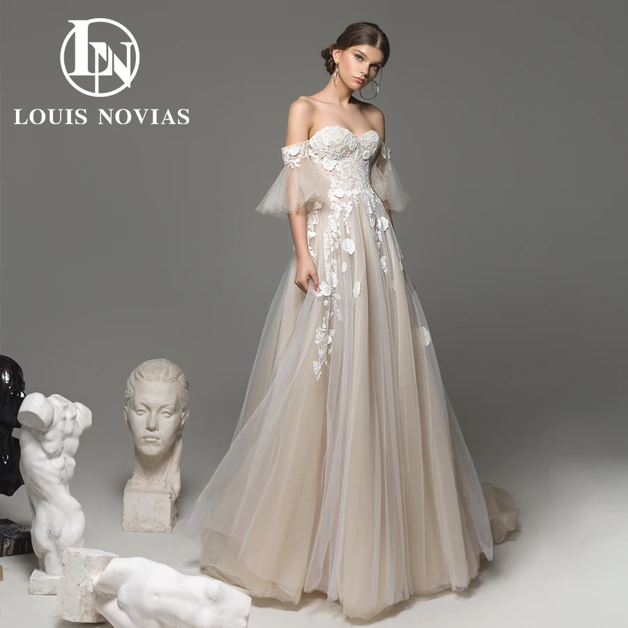 

LOUIS NOVIAS Boho Wedding Dress For Women Sexy Strapless Bridal Gown 3D Flowers Backless Court Train A-Line Vestidos De Novia