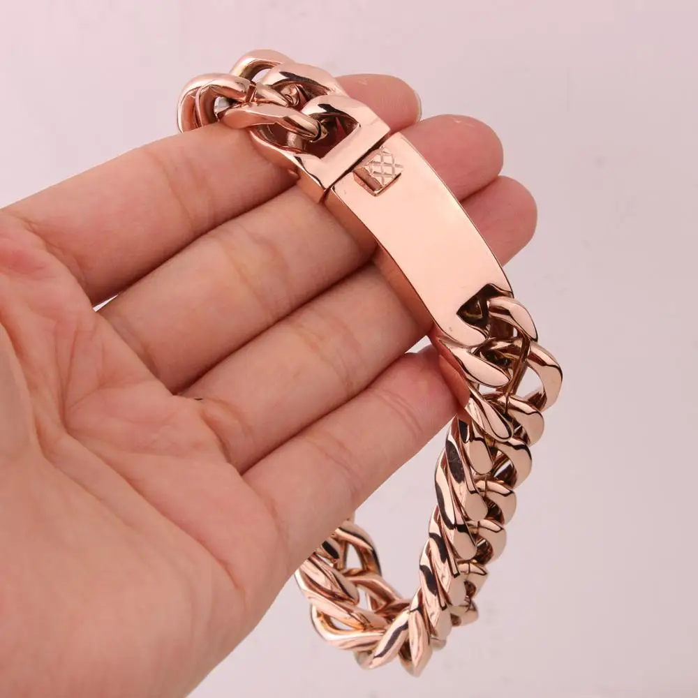 Charming Rose Gold Color Chain & Link Cuban Bracelets Man Cool Stainless Steel Cowboy Rock Curb Bangles For Men Women Jewelry