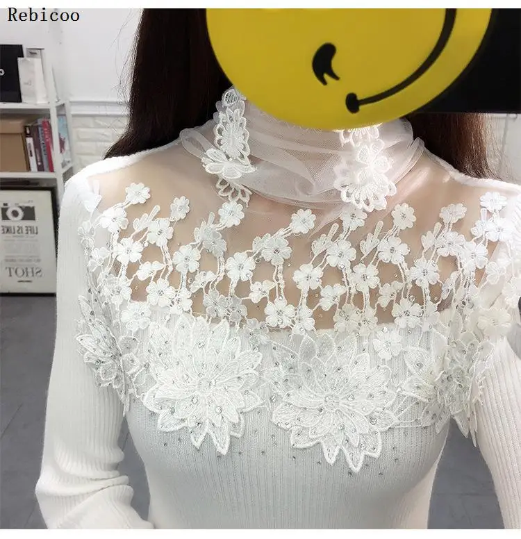 

Lace Turtleneck Patchwork Pullovers Sweaters Spring Hollow Out Diamond Long Sleeve Sweater Women Winter pullover Jumper