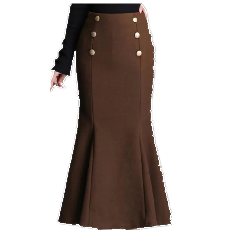 

autumn winter fashion double breasted woolen trumpet skirt women midi high waist package hip mermaid skirt