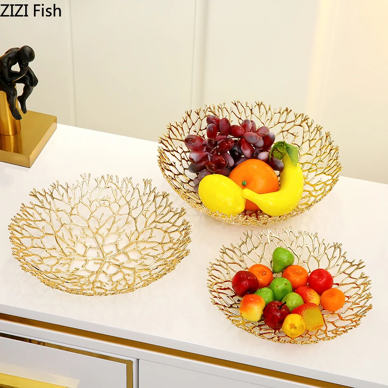 Modern Copper Hollow Out Coral Fruit Tray Golden Desktop Storage Tray Living Room Storage Organization Home Decoration