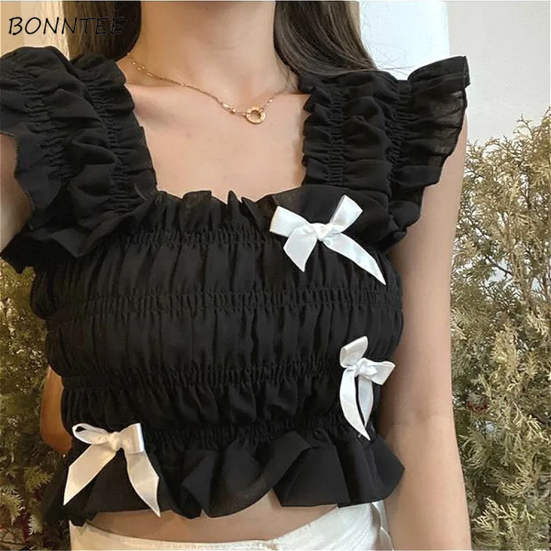 

Camis Women Soft Bow Cropped Solid Students Casual Sexy Sweet Slim Summer White Korean Style Chic Design Camisole Cute Tops New