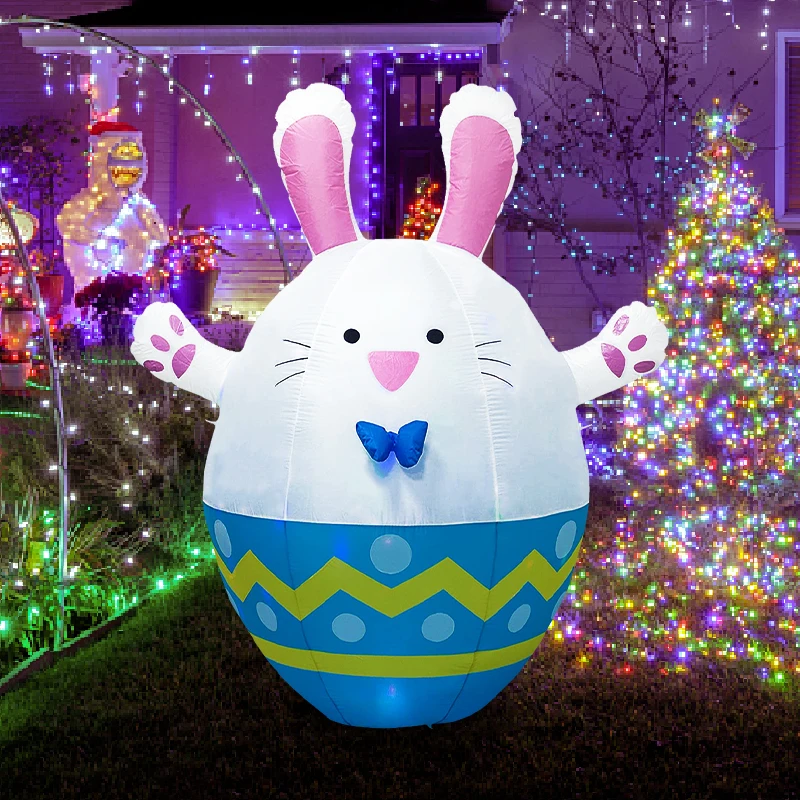 Happy Easter Inflatable Easter Bunny Egg Inflatable Built-in LED Blow Up Inflatables Holiday Lawn Yard Garden Indoor Outdoor