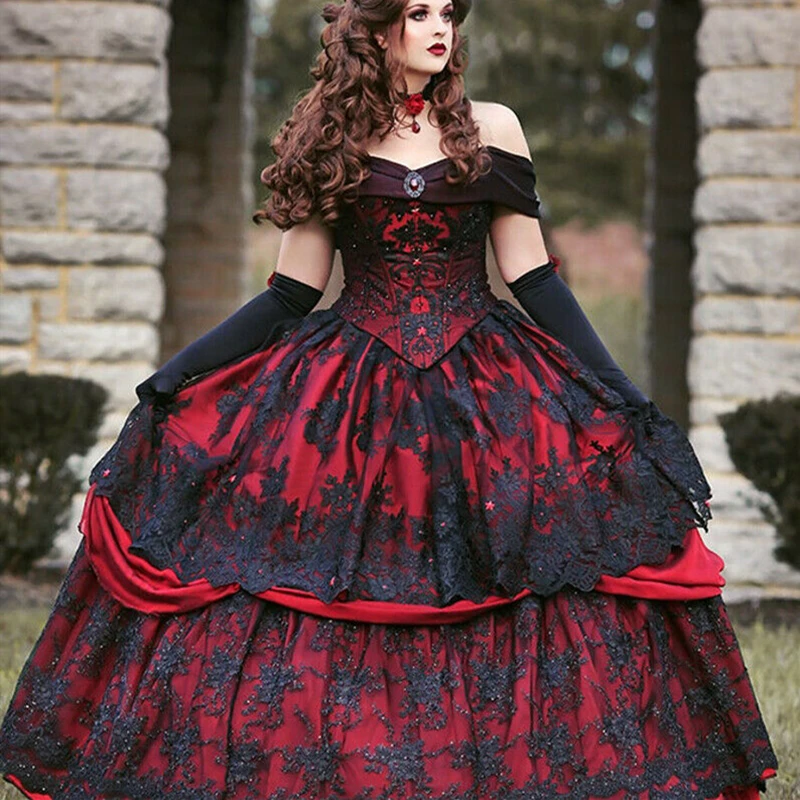 Vestido de novia gótico Medieval Borgoña y negro, vestido de novia de mascarada victoriana personalizado de manga larga con Apliques de encaje