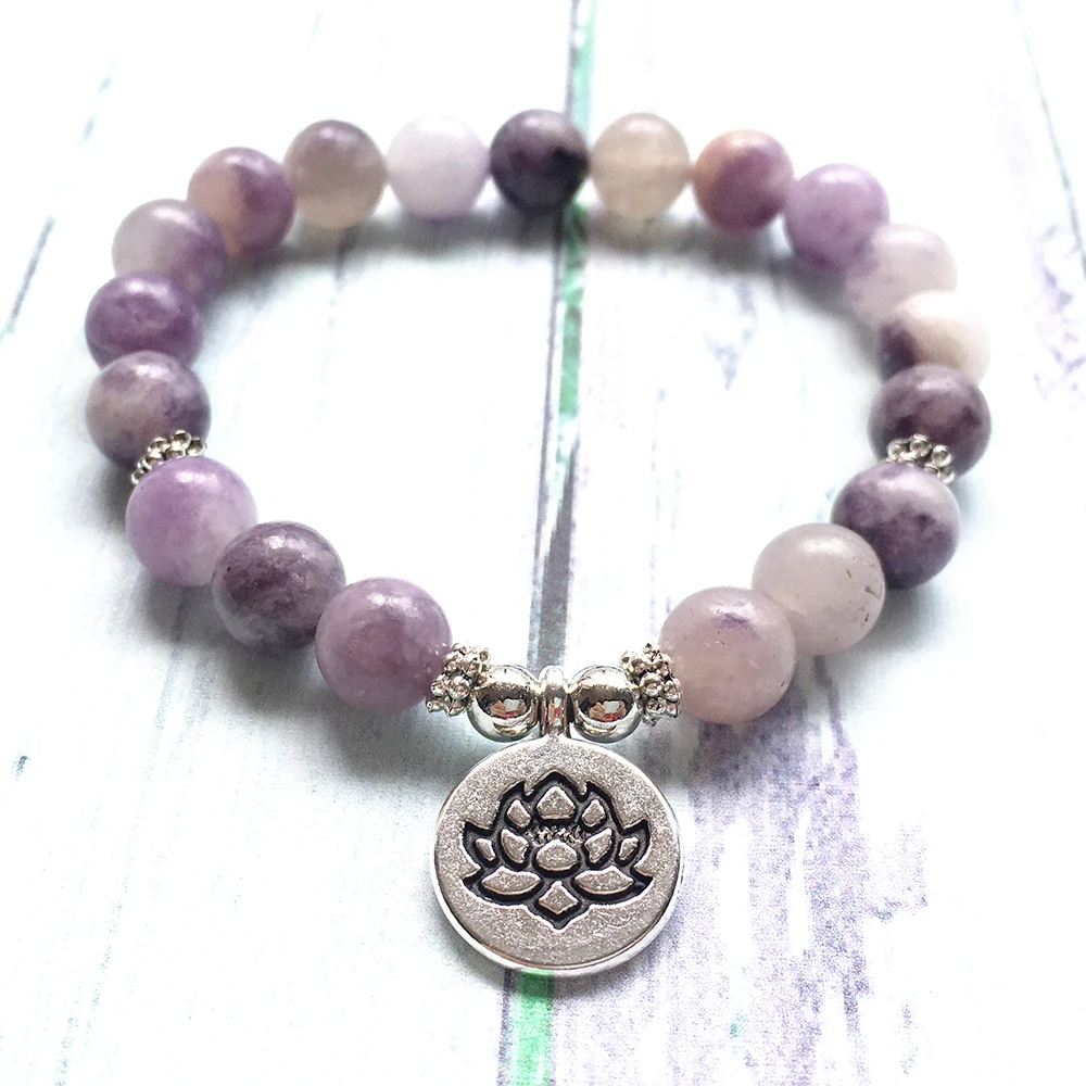 MG0984 8 MM Light Tanzanian Lepidolite Bracelet For Women Natural Gemstone Lotus Yoga Mala Bracelet