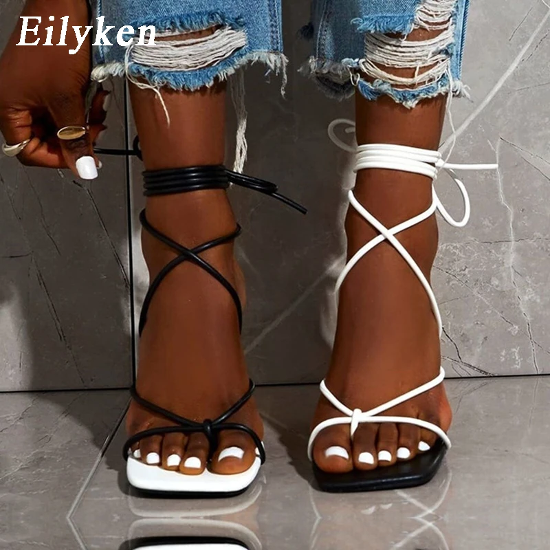 Eilyken New Fashion Sexy sznurowane damskie sandały z kwadratowym noskiem cienki obcas z krzyżem wiązane buty imprezowe wysoki obcas 9CM czarny