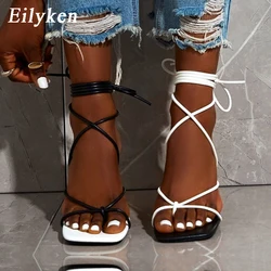 Eilyken New Fashion Sexy sznurowane damskie sandały z kwadratowym noskiem cienki obcas z krzyżem wiązane buty imprezowe wysoki obcas 9CM czarny biały rozmiar 35-42