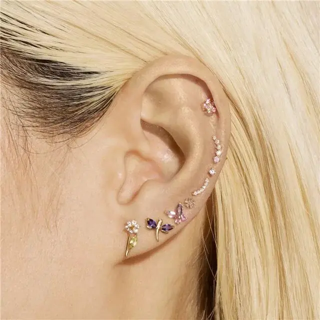 Guarantee 925 sterling silver women girl jewelry cute lovely small stud multi piercing orchid daffodil cz silver earring