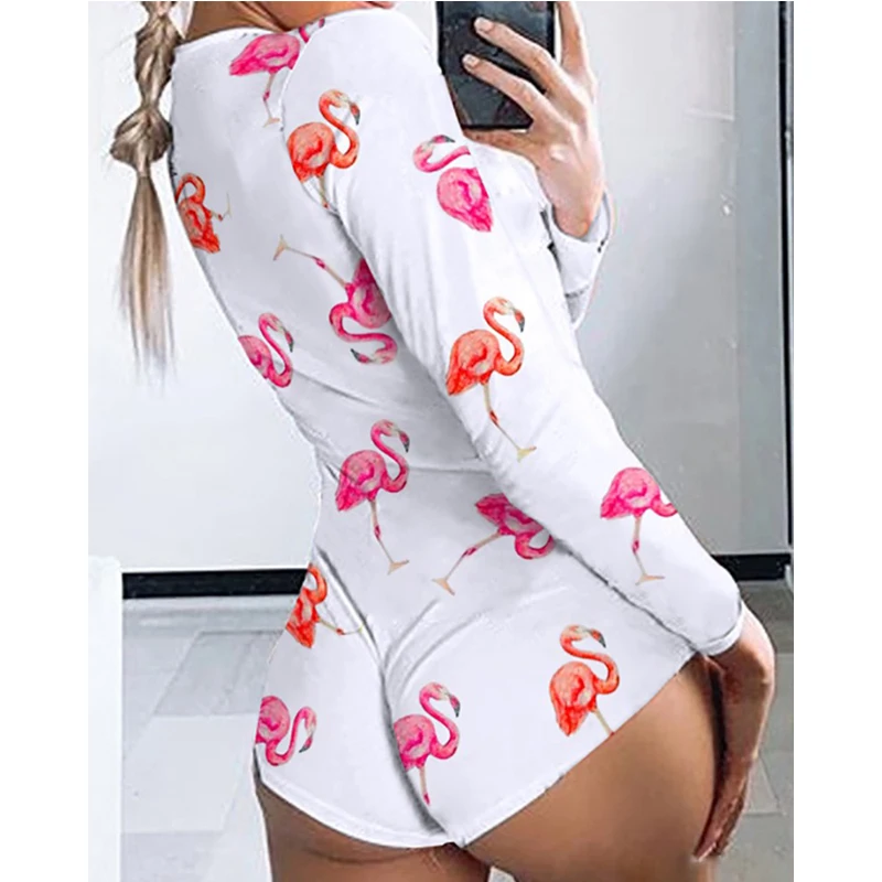 Summer Ladies Pajamas Jumpsuit  Stretch Leotard Button Short Romper Overalls Sexy Women Bodysuit Long Sleeve Deep V Neck Bodycon