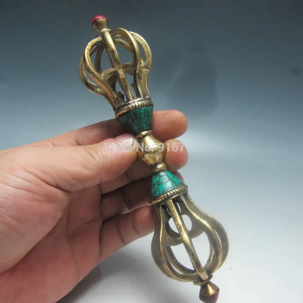 Tibetan Buddhism Bronze Turquoise Buddhist Ritual Tool Hand Vajra Dorje statue