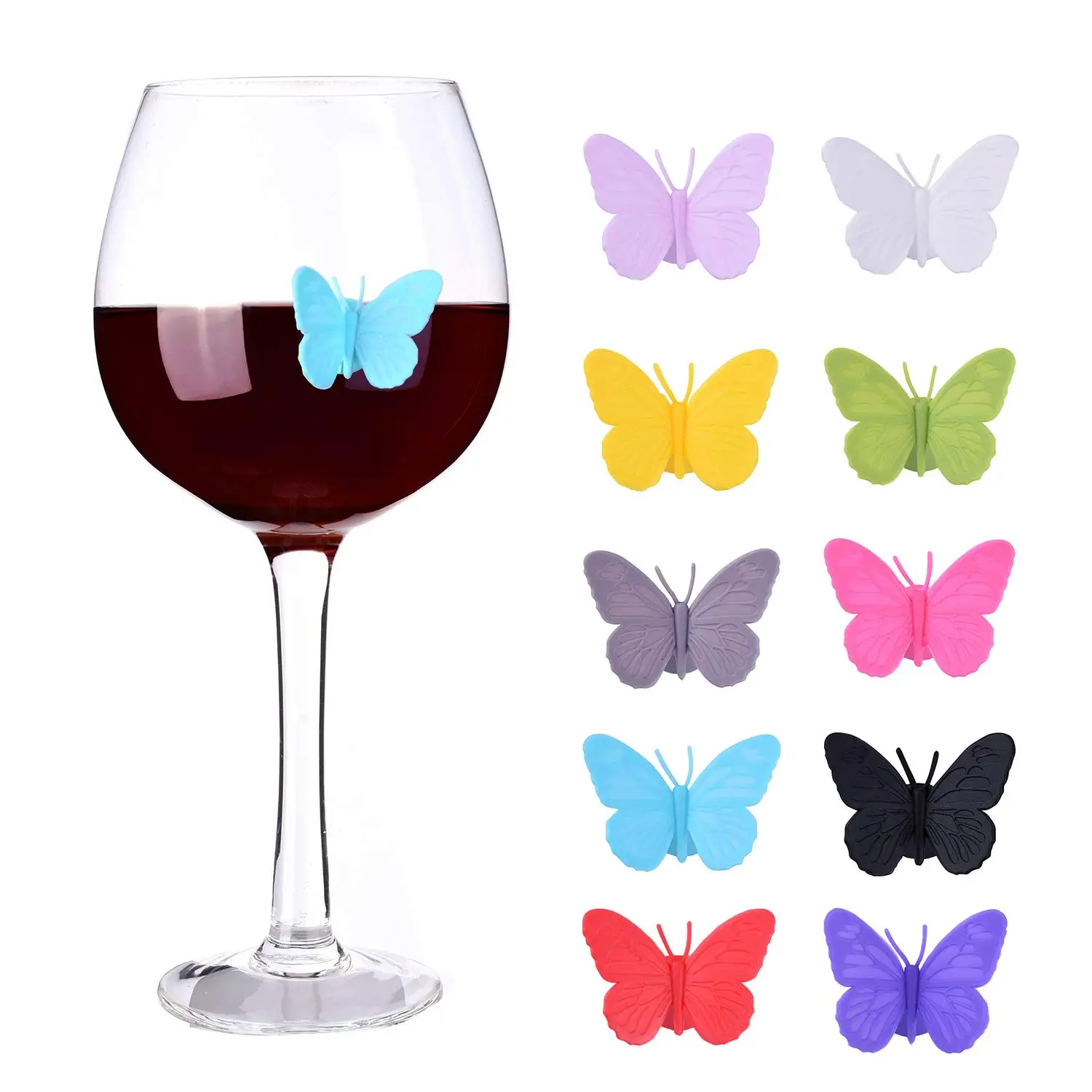 

Set of 12pcs Reusable Butterfly Silicone Wine Glass Charm Markers with Suction Cup