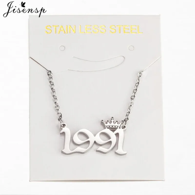 Personalize Old English Year Number Necklaces for Women Men Simple Stainless Steel Chain Custom Year 1980 to 2024 Birthday Gift