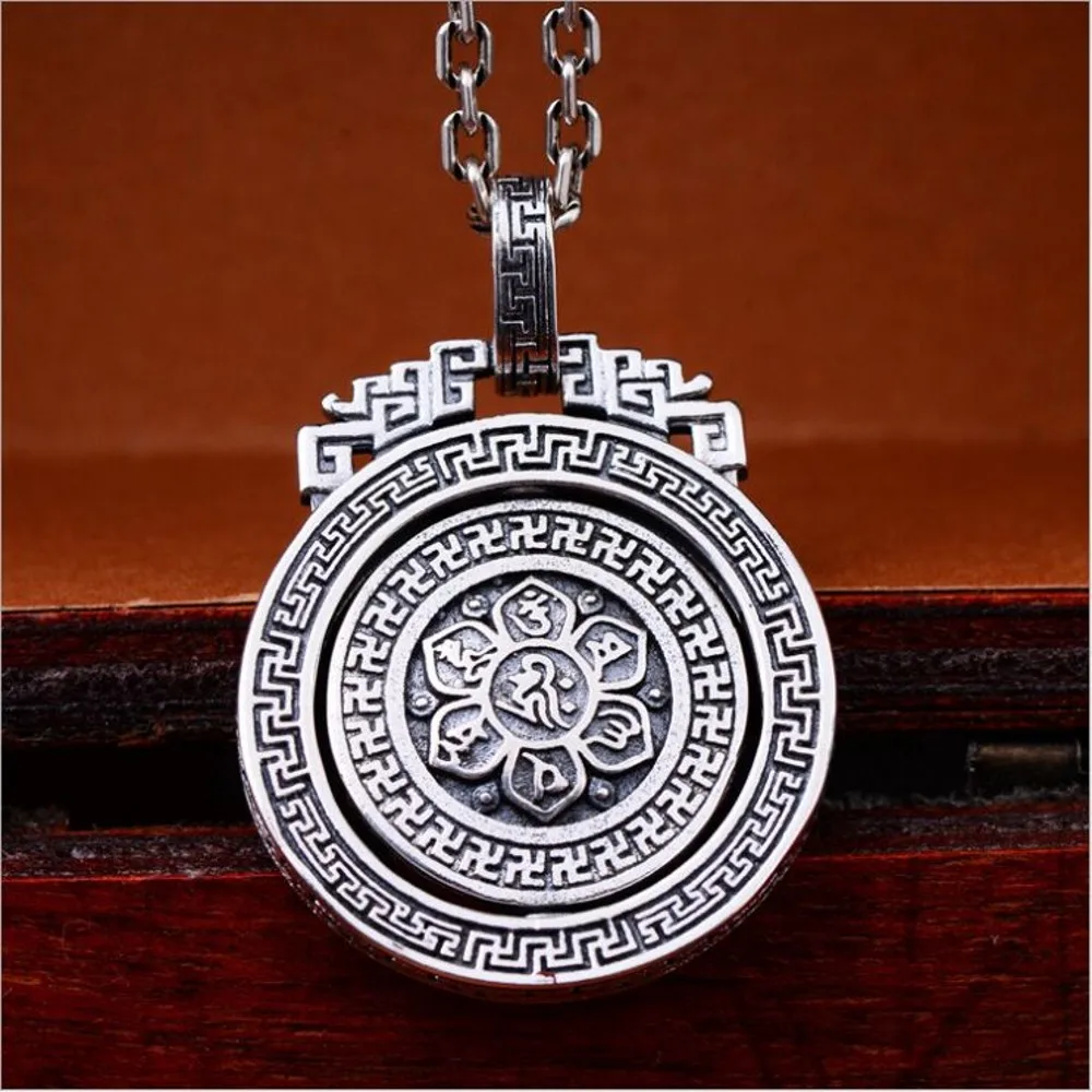 BOCAI New s925 Pure Silver Jewelry Accessories Vajra Rotating Good Luck Men and Women Pendants Six Word Mantra Birthday Gift