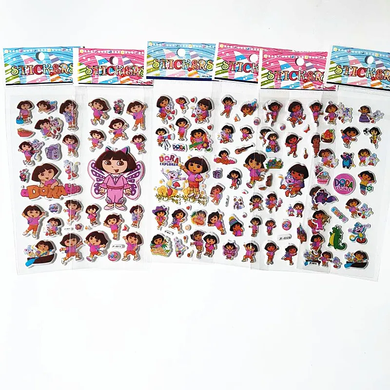 Autocollants 3D Dora the Explore Cars pour enfants, dessin animé, bricolage, jouets pour enfants, cadeau d'anniversaire, carte de cahier ouvertement, chaud, 6 feuilles