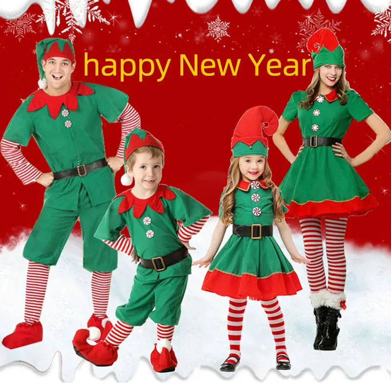 

2020 Men Women Girls Boys Christmas Santa Claus Costume Green Elf Cosplay Family Christmas Party New Year Fancy Dress Clothes