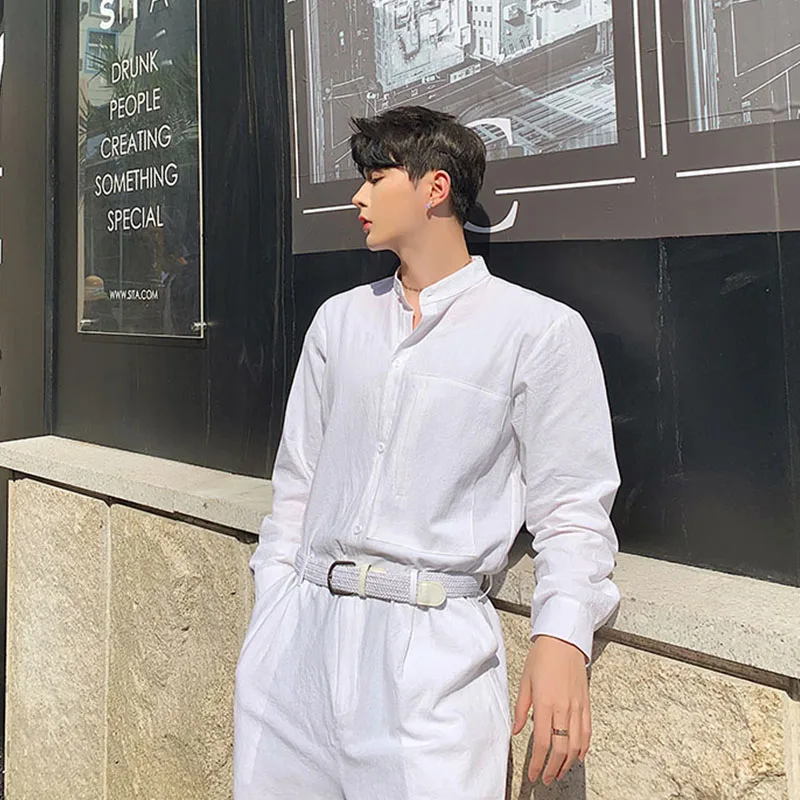 Men Summer Cotton Linen Loose White Jumpsuits Male Long Sleeve Stand Collar Shirt Overalls Pant Streetwear Stage Show Trousers