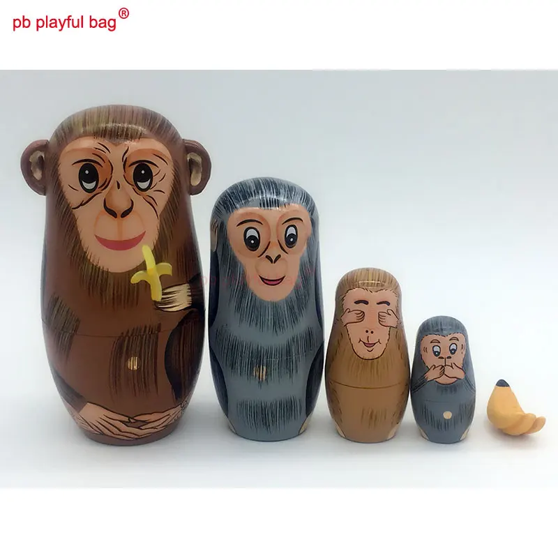 PB Spielerische tasche Fünf schicht affe essen banana Russische puppen handwerk handgemachte holz spielzeug set geburtstag präsentieren HG14