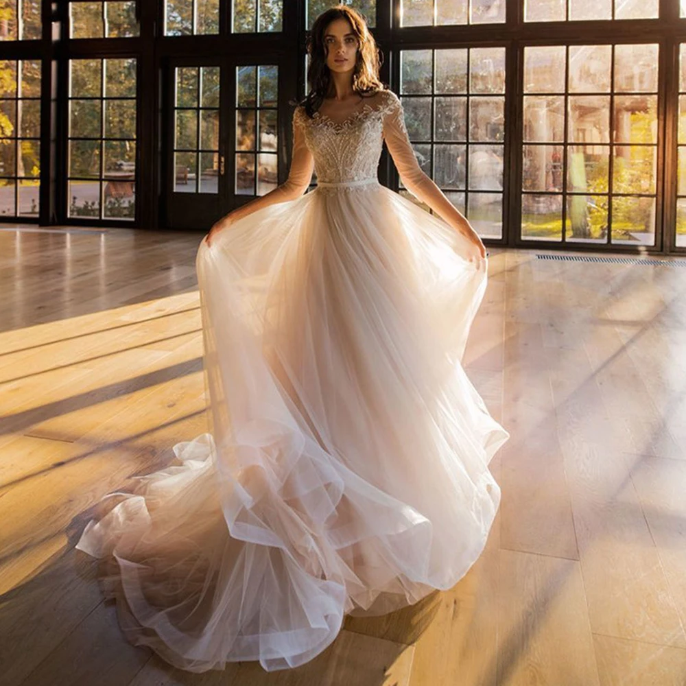 Elegante vestido de novia Vintage, Vestidos de novia con perlas de encaje 2021, manga 3/4, Vestidos de novia de Turquía, Vestidos de novia con espalda descubierta