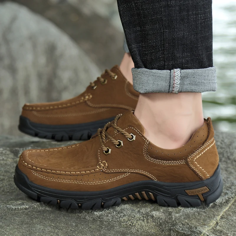 Men Casual Shoes Sneakers Outdoor Men Flat Shoes Non-slip Platform Men Genuine Leather Shoes Band Comfortable Hiking Shoes