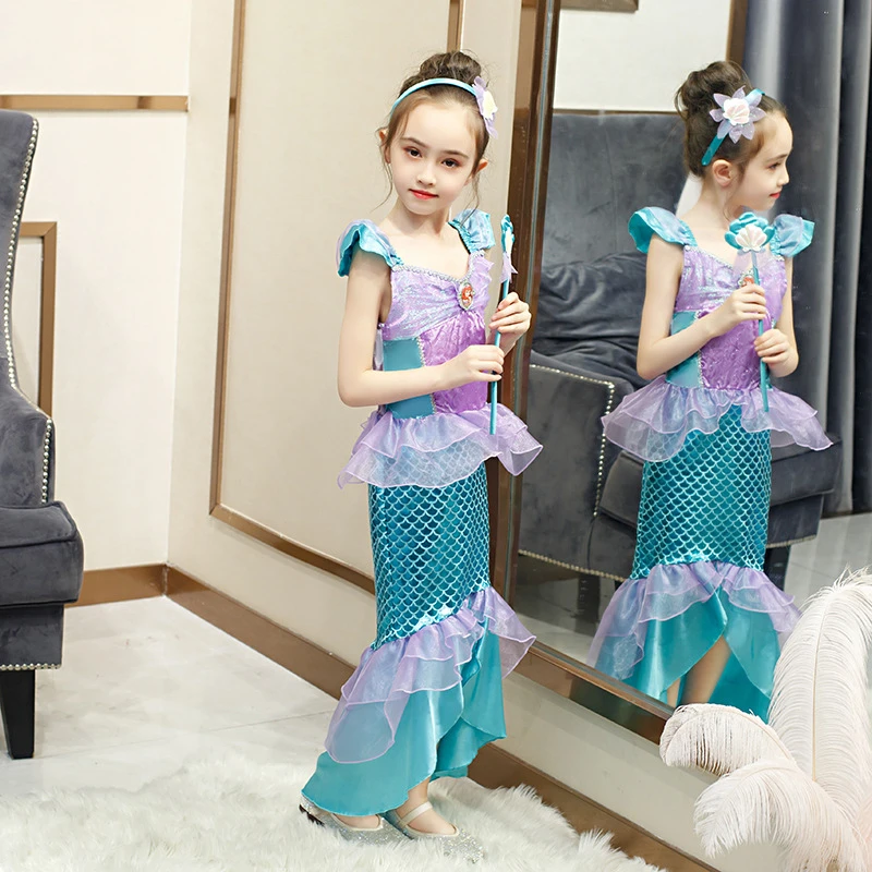 Cosplay Costumes for Girls Dress Stage Performance Sleeveless Skirts Halloween Carnival Party Mermaid Role Playing Shining Fancy