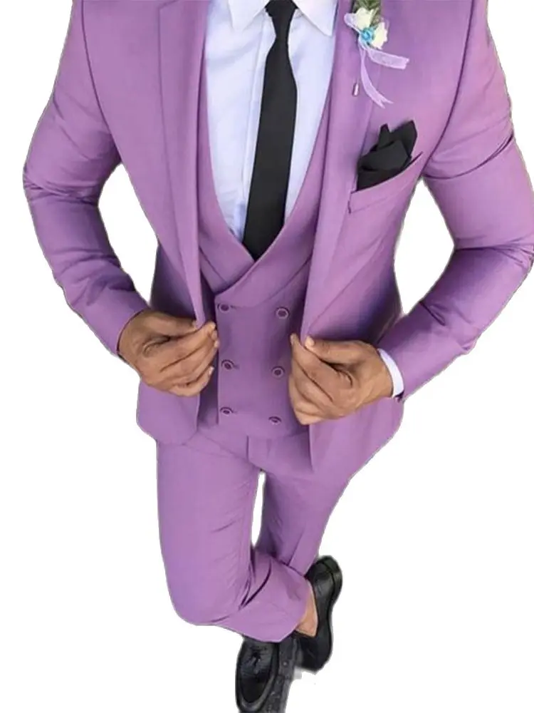 

Groom Man Suits Notched Lapel Tuxedos Light Purple Men's Suits Slim Fit Wedding Best Man Blazer Trousers 3Pcs(Jacket+Pants+Vest)